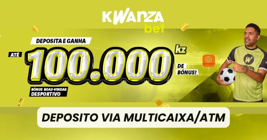 Ilustração passo a passo de um homem depositando na Kwanzabet via ATM Multicaixa em Angola, com tela de máquina destacando opções de depósito para apostas online.