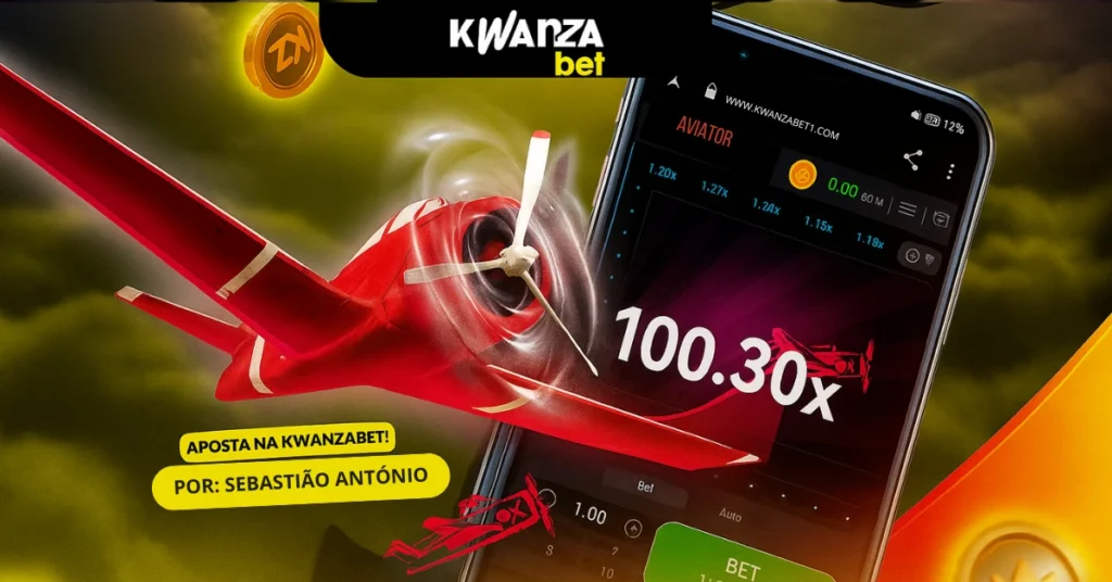 Banner promocional do jogo Aviator na KwanzaBet: avião vermelho em voo ascendente com multiplicador 100.30x destacado, tela de telemóvel a mostrar a interface de apostas com botão “BET” e “APOSTA NA KWANZABET!” em fundo verde-escuro com moedas douradas.