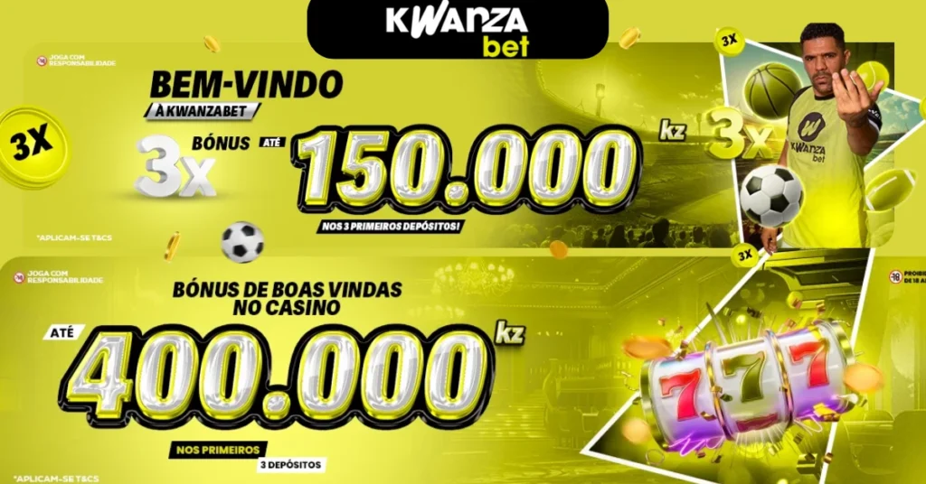 Banner promocional da Kwanza Bet Online exibindo o bónus de boas-vindas: até 150.000 Kz para apostas desportivas e até 400.000 Kz para casino, com destaque para ativação instantânea e chamada para apostar e ganhar.