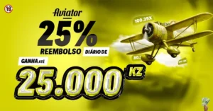 Banner promocional da KwanzaBet mostrando o avião do jogo Aviator com destaque para o bónus de 25% de reembolso diário em Angola