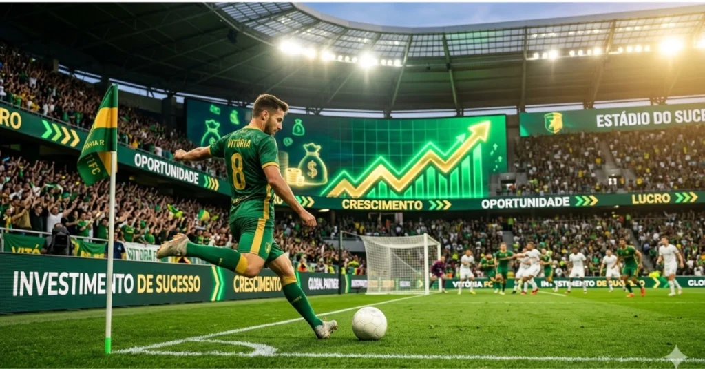 Jogador cobrando escanteio com elementos visuais de crescimento financeiro e gráficos, representando estratégias para apostar em cantos na Kwanza Bet